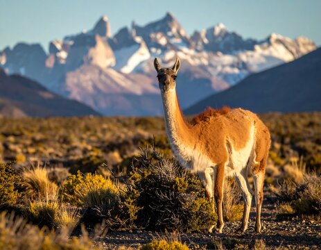 A guanaco standing in a field before a mountain range