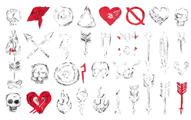 Zestaw ręcznie rysowanych ikon w stylu grunge zawierający czaszki, serca, strzałki oraz pioruny w kolorze czarnym i czerwonym na białym tle.