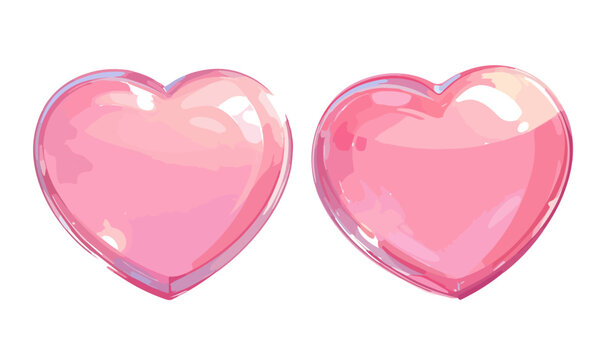 Dwa błyszczące r&oacute;żowe serca o przezroczystej strukturze, idealne na Walentynki, symbolizujące miłość i romantyczne uczucia na białym tle.