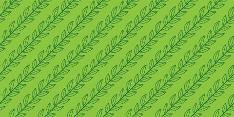Seamless green diagonal leaf pattern with repeating botanical branches. Fresh natural background ideal for wallpaper, textile, packaging, and surface design. Modern organic texture for print 