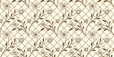Seamless vintage floral lattice pattern with delicate brown botanical branches. Elegant repeating background ideal for wallpaper, textile, packaging, and surface design. Classic ornamental texture 