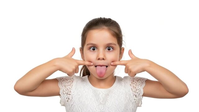 Young girl making funny face and showing tongue isolated on white background