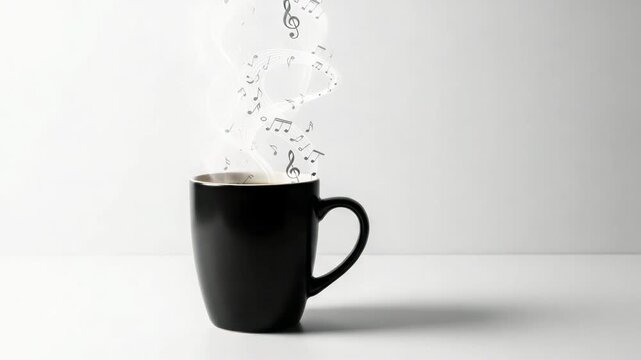 Black mug with steam and musical notes rising, symbolizing creativity and inspiration