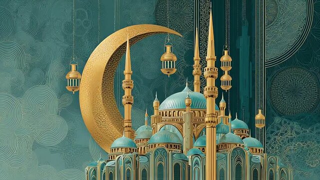 Ramadan mosque with crescent moon.