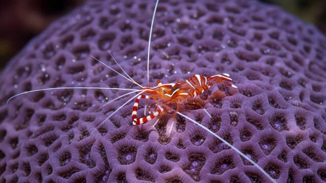 Close-up of a vibrant banded cleaner shrimp perched on a textured purple coral reef.