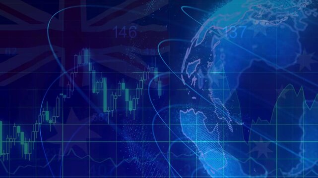 Australia flag with Growing financial charts and diagrams showing increasing profits.