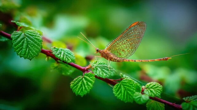 A delicate insect with patterned wings rests on a branch with vibrant green leaves