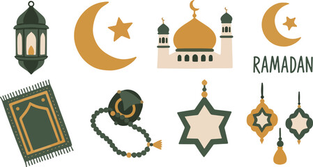 Ramadan Kareem Icon Set with Mosque, Bedug Drum, Prayer Mat, Lantern, and Islamic Decorative Stars © thea_sketch