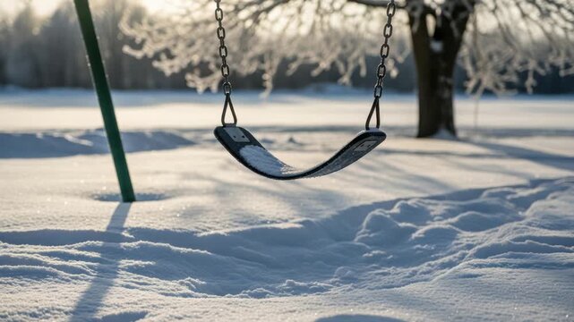 Empty winter swing set covered in snow, serene park scene with frost on trees.