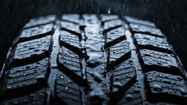 Close-up view of a wet tire tread pattern on a rainy day with raindrops falling around it
