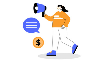 Woman using a megaphone to promote business and communicate marketing messages with dollar icon