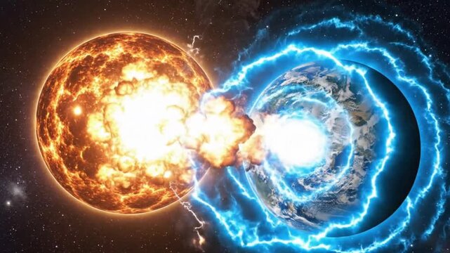 Earth and sun in space with solar flares and coronal mass ejections affecting the planets magnetic field