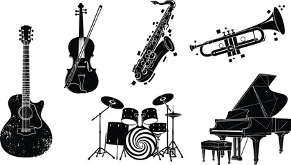 Collection of musical instrument vector silhouettes including guitar, violin, saxophone, trumpet, drums, and grand piano for jazz, orchestra, music education, creative artwork, and graphic design © Krisna