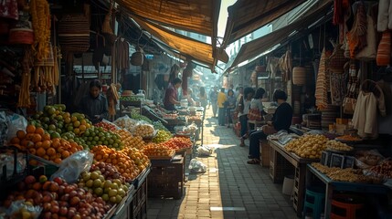 Traditional Asian Street Market with Fresh Fruits and Local Life