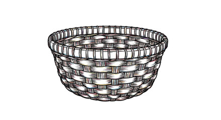 Hand-drawn illustration of an empty woven basket with intricate details on a plain white background