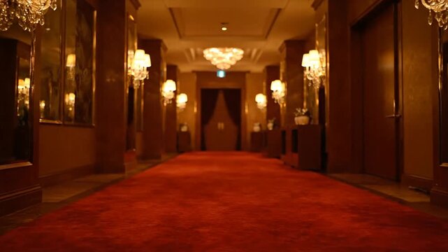 Luxurious red carpet hallway with chandeliers and sconces, a vip entrance to a grand event or ceremony