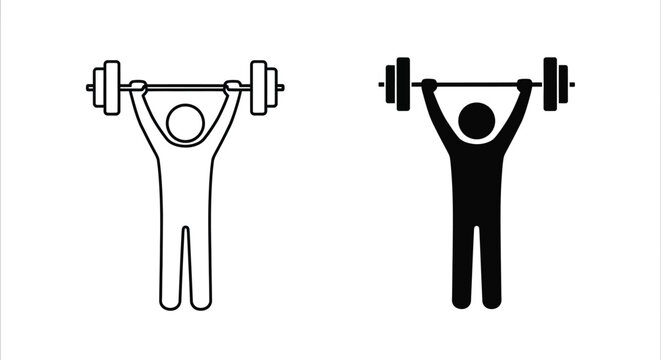 Simple black and white icon set depicts a person successfully lifting a heavy barbell overhead