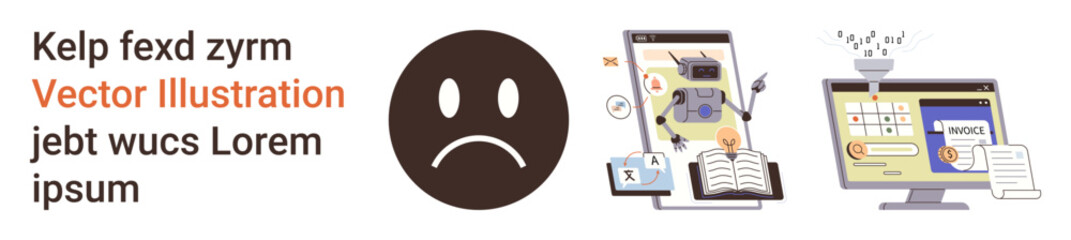 Online security, user authentication, cyber protection, digital media, online identity, sad emotions. Sad face icon with tablet showing user data and monitor displaying login form. Online security © robu_s