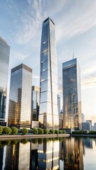 Obraz premium A sleek and modern cityscape at dusk, with a lone skyscraper standing tall amidst a sea of gleaming glass and steel