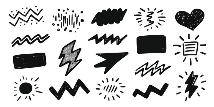 白背景に描かれた、ハートや稲妻、ジグザグ線などの手書き風の黒い落書きアイコンセット。デザインのアクセントに最適な、ラフで抽象的な形状のベクターイラスト素材。透明背景でも使いやすい、シンプルでクリエイティブな装飾パーツのコレクション。