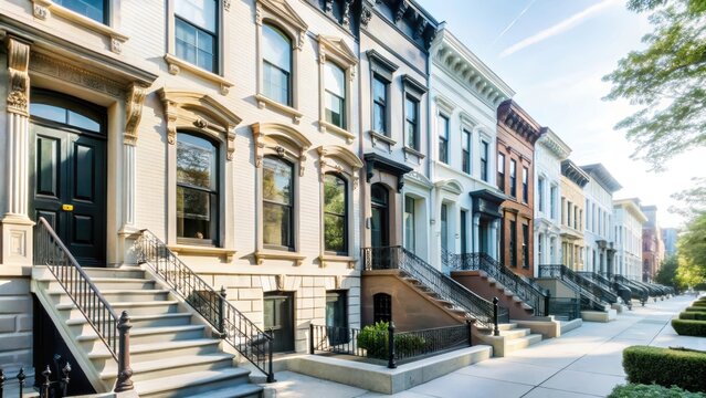 Historic brownstone row in charming Manhattan neighborhood, with ornate facades and beautifully restored stoops
