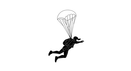 Parachutist Descending with Open Parachute Illustration, Isolated on a Plain White Background from a Side View © Nwar