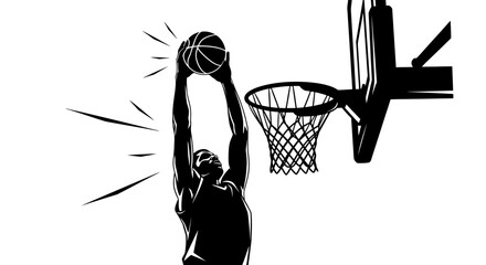 Basketball player in mid-air dunking ball into hoop from below, dramatic sports action illustration © Nwar