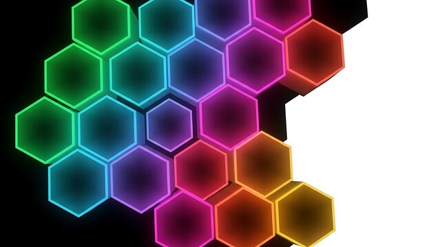 Vibrant Neon Hexagons in Rainbow Pattern on Black and White Background