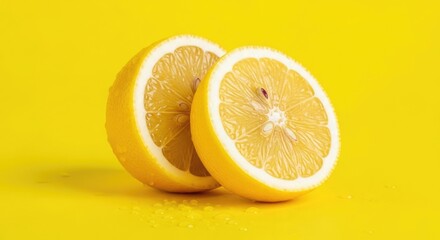 Two halves of a fresh lemon on a yellow background