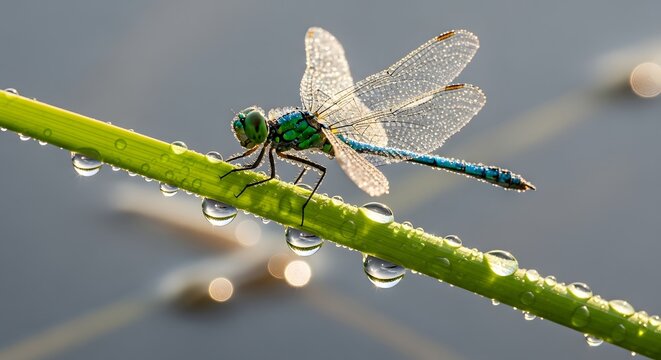 Blue Dasher Dragonfly Covered in Morning Dew Drops on Green Stem
