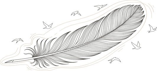 Elegant Flying Feather Illustration with Detailed Line Art Birds Motion Flow and Creative Freedom Concept for Tattoo Logo Branding and Artistic Design Projects © MDMAHADI