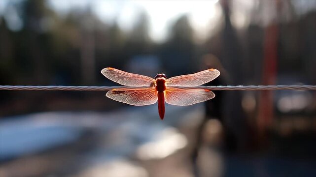 A backlit dragonfly perches on a wire, the light creating a glowing effect
