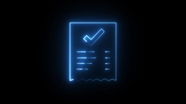 a glowing blue neon checkmark on a document with checklist items animated on a dark background signifying success or completion of tasks in a digital format