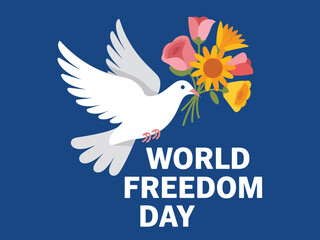 Obraz premium A dove carrying flowers celebrates World Freedom Day with a message of peace and liberty.