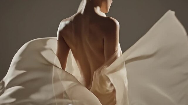 Elegant nude woman posing with flowing white fabric in serene studio setting showcasing beauty and sensuality with subtle lighting and soft focus effects.