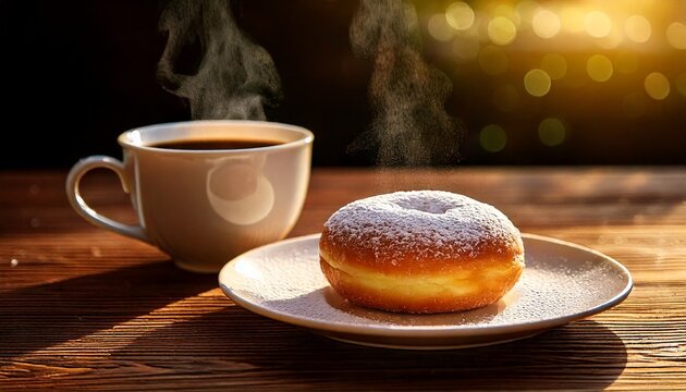 Steaming hot coffee in a ceramic mug next to a powdered sugar donut on a white plate, bathed in warm morning light on a wooden table.