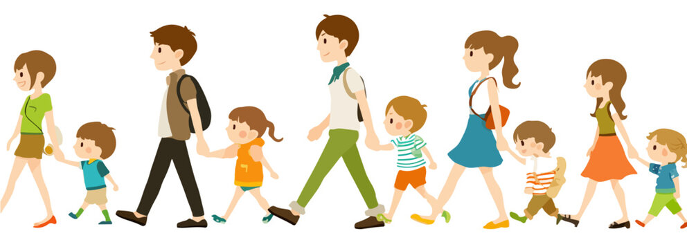 Grupo de padres e hijos caminando alegremente de la mano en una fila horizontal, ilustraci&oacute;n vectorial ideal para proyectos familiares y educativos.