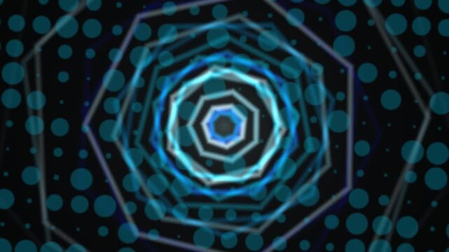 Abstract digital tunnel with glowing blue and cyan octagonal shapes and a dotted background, creating a futuristic geometric illusion.