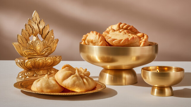 Tibetan New Year, Golden Tibetan Ritual Offerings and Traditional Pastries Displayed for Losar Tibetan New Year Religious Celebration