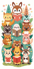 Kawaii Forest Animals Reading Books Stack Cute Fox Cat Deer Raccoon Otter Illustration.