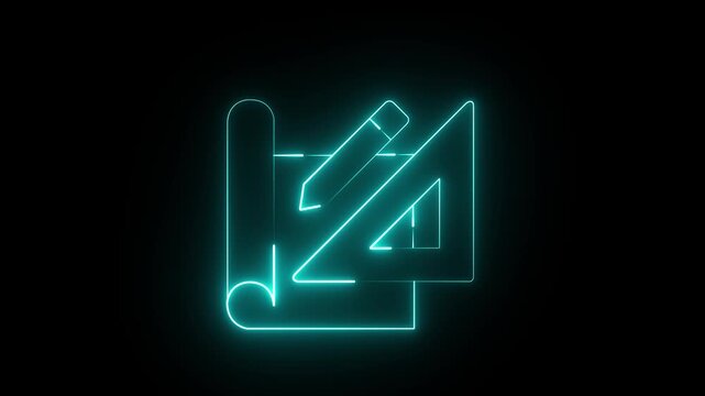a glowing cyan neon blueprint icon animation featuring a rolled paper, pencil and triangle ruler on a dark background creating a concept for architectural design and planning