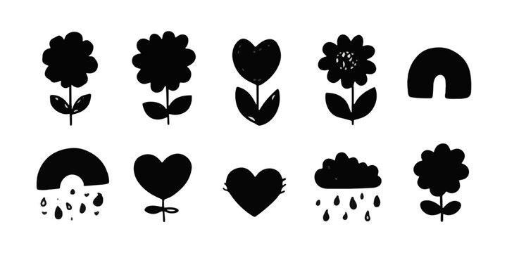 Colecci&oacute;n de elementos decorativos dibujados a mano que incluye flores, nubes con lluvia y corazones negros ideales para proyectos creativos.