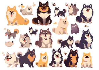 Colecci&oacute;n de ilustraciones de perros adorables en estilo dibujo animado con fondo transparente para dise&ntilde;o gr&aacute;fico y pegatinas infantiles.