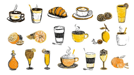 Colecci&oacute;n de ilustraciones dibujadas a mano de elementos para el desayuno con tazas de caf&eacute;, croissant, c&iacute;tricos y jugos sobre fondo transparente.