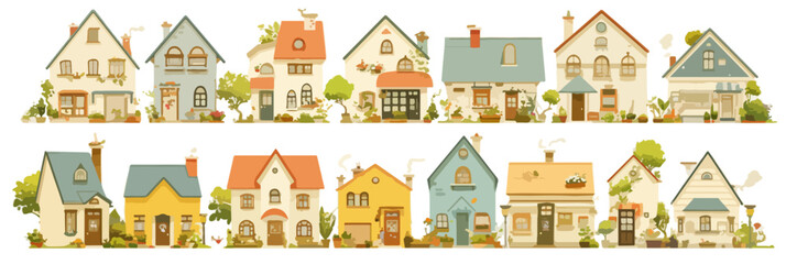 Conjunto de ilustraciones de casas peque&ntilde;as y encantadoras con techos coloridos y jardines en un fondo transparente para proyectos creativos.