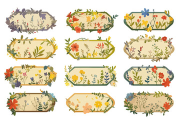 Colecci&oacute;n de marcos florales decorativos con motivos de naturaleza y plantas silvestres en estilo retro para invitaciones y proyectos de papeler&iacute;a.
