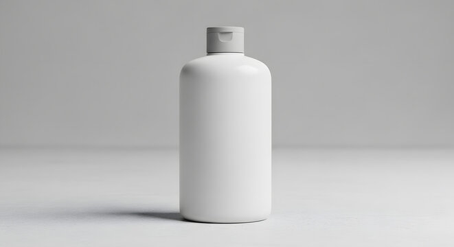 A front view of an opaque white plastic bottle for shampoo or lotion against a light grey background
