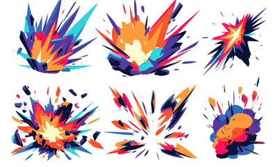 Conjunto de ilustraciones vectoriales de explosiones coloridas en estilo c&oacute;mic con fondo transparente ideales para dise&ntilde;o gr&aacute;fico y animaci&oacute;n.