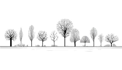 Conjunto de siluetas de &aacute;rboles sin hojas en estilo lineal minimalista sobre fondo blanco para proyectos de arquitectura y dise&ntilde;o paisaj&iacute;stico.