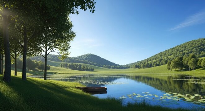 Serene mountain lake on a sunny day with lush greenery
